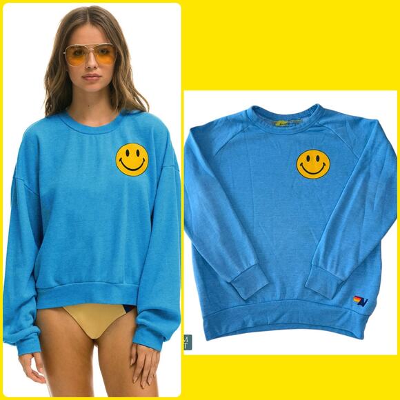 Aviator Nation Smiley 2 Relaxed Unisex Ocean Blue Vintage Crewneck Sweatshirt - Picture 1 of 12